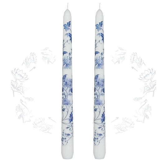 Blue and White Porcelain Taper Candles 10 Inch Print Candle Handmade Unscented Lotus Pattern Long Candles 2 Pack Twisted Candlesticks for Wedding Home Decoration Gifts