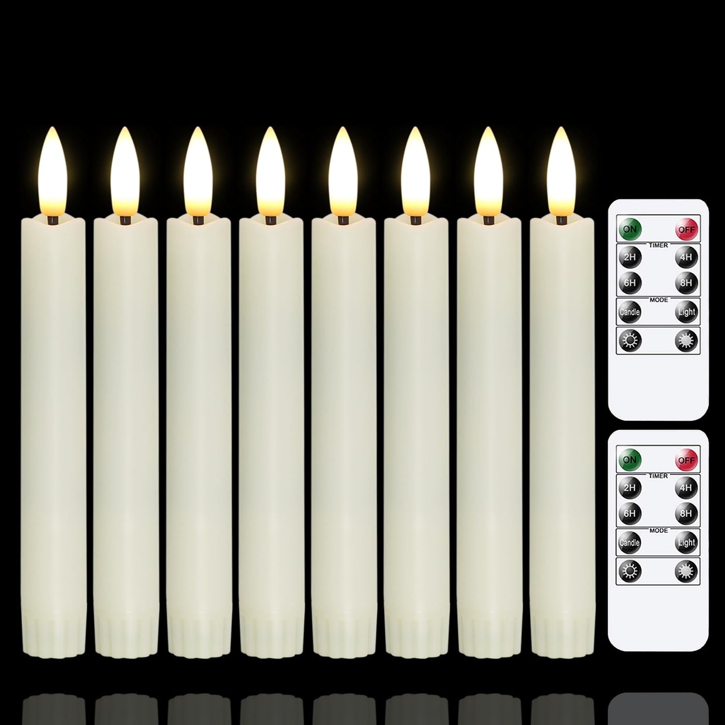 Yeelida Battery Operated Flameless Taper Candles with Two Remote Timer, 6.4" LED 3D-Wick Window Candles, Flickering Long-Lasting Warm Light Electric Pack of 8 Flameless Candlesticks (0.78" Dia, Ivory)