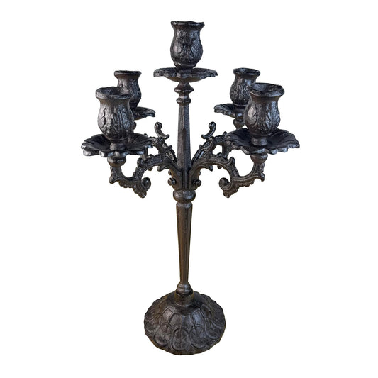 Antique Rust Brown Cast Iron Candelabra (17" Tall) - 5-Arm Vintage Floral Candle Holder, Decorative Rustic Centerpiece for Christmas, Dining, Holiday Decor HC1645