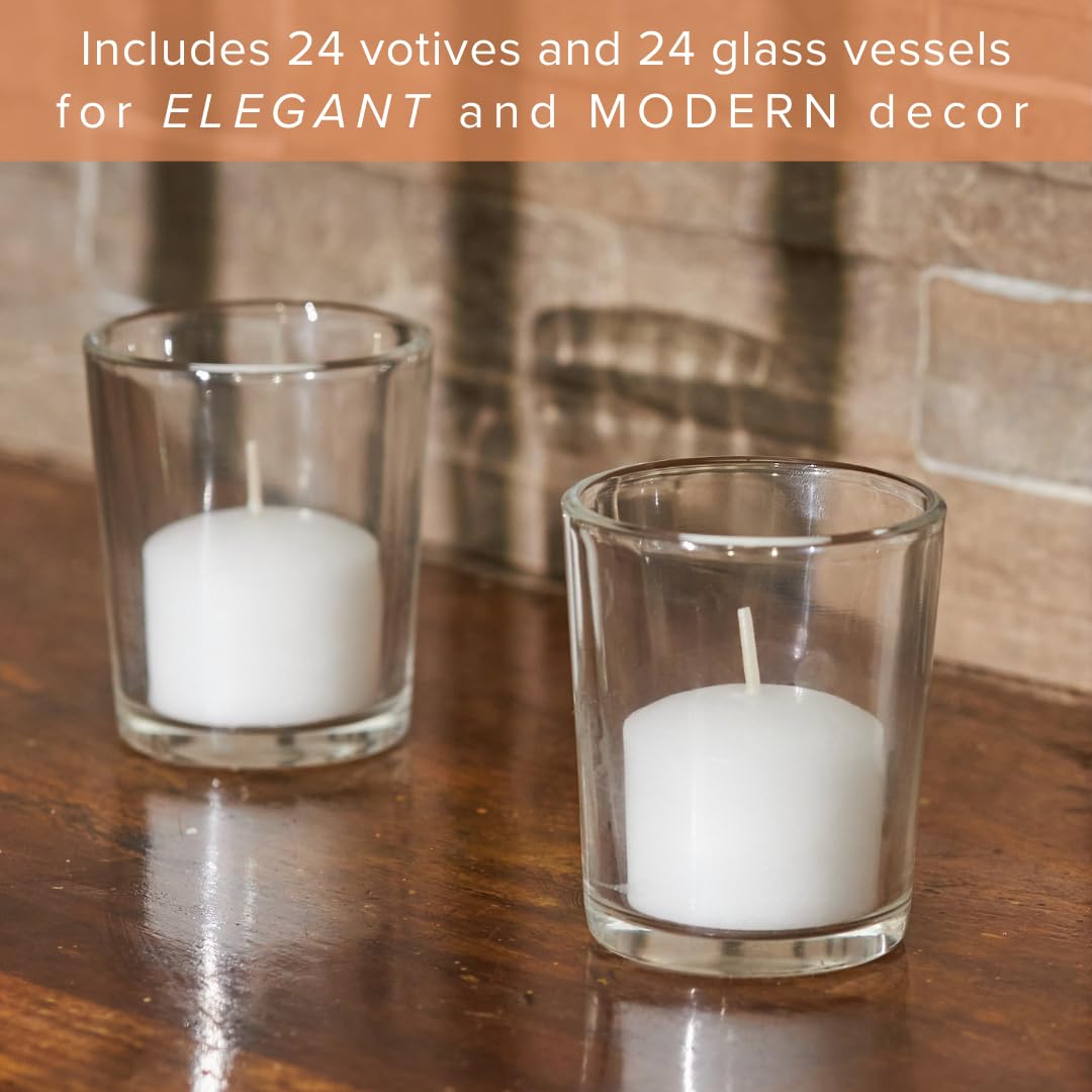 Simply Soson Votive Candles Bulk, 24 White Votive Candles with Glass, 10 Hours Burn time, Small Candles, Bulk Candle, Unscented Candle Votives for Wedding, Birthday, Holiday & Home Decor
