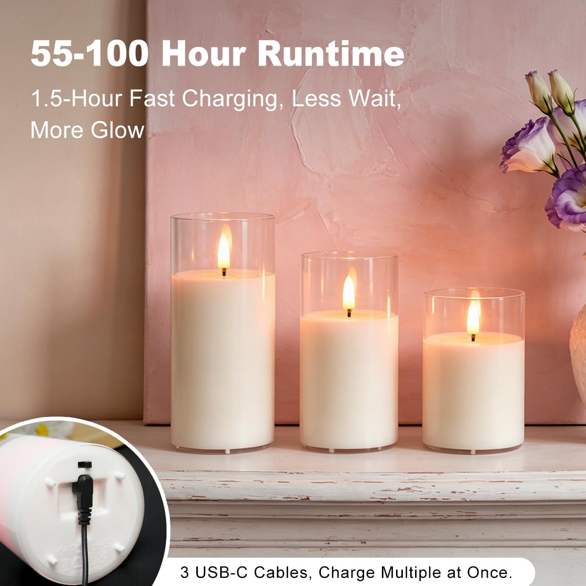 Rechargeable Flameless Glass Pillar Candles – Real Wax Flameless Candles Home Decorations,–Set of 3, Realistic Flickering LED Light,Remote & Timer, Ideal for Living Room, Bedroom & Festival Décor