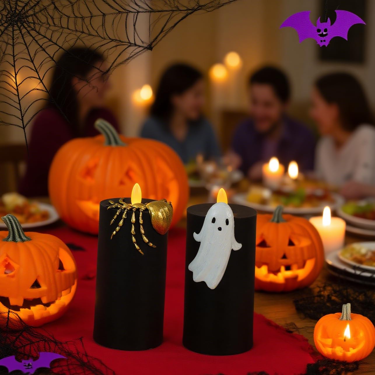 Silverstro Halloween Flameless Candles with Remote & Timer, Real Wax Hand-Carved Painted Ghost Spider LED Candles for Home Party Haunted House Horror Theme Halloween Decor, 3" x 7" Set of 2