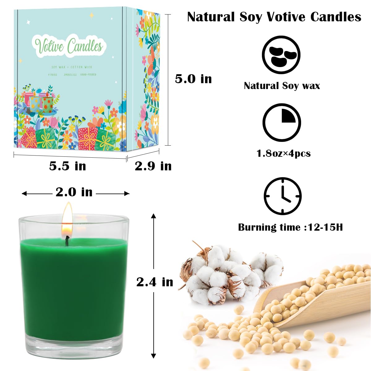 Set of 4 Green Votive Candles for Christmas and St. Patrick's Day, Clear Glass Filled Unscented Soy Wax Candle for Spring Home Decoration and DIY