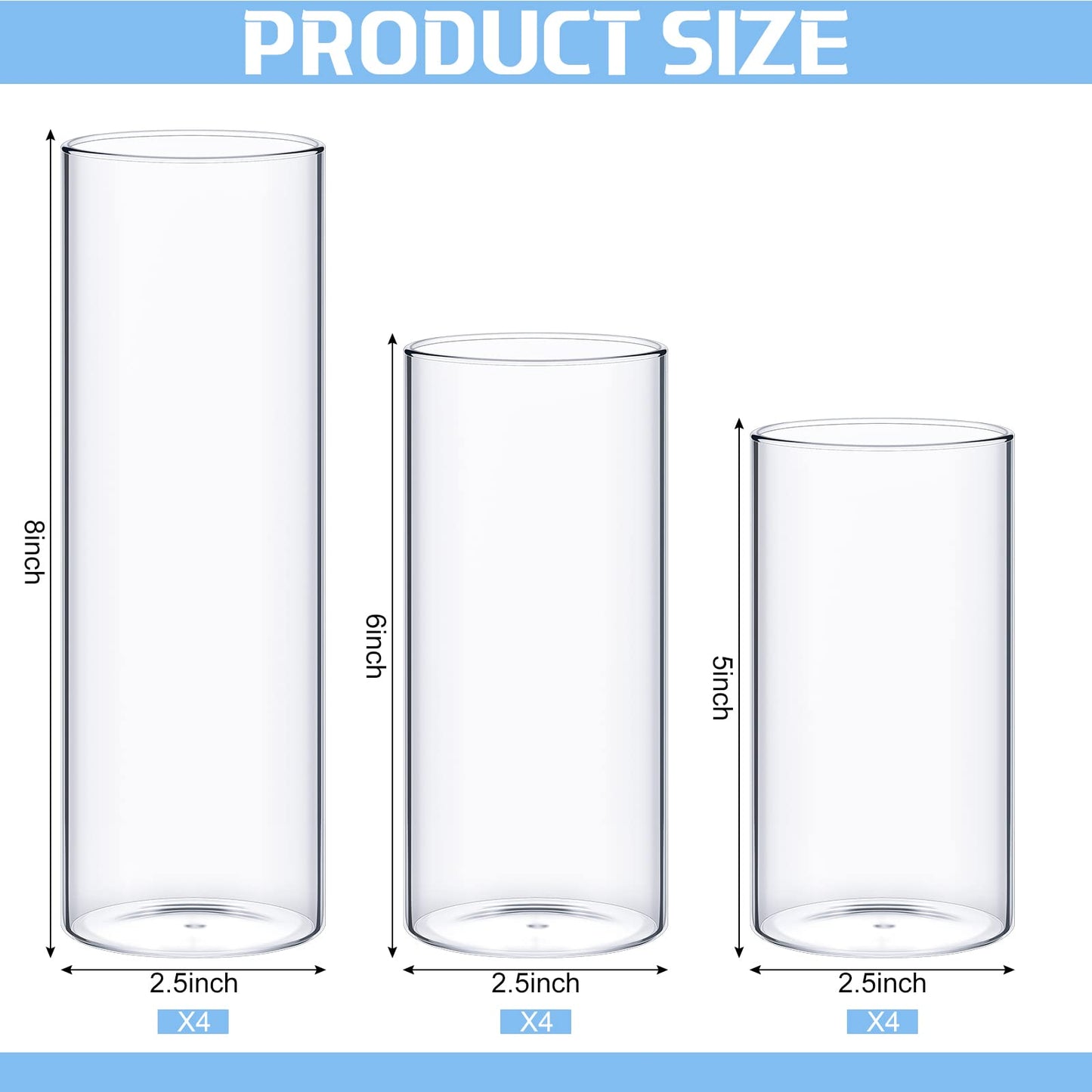 Didaey 12 Pcs Thin Cylinder Vases Set for Centerpieces 2.5'' Diameter 2mm Thickness Clear Glass Vase Hurricane Floating Candle Holder for Wedding Table Decoration (2.5'' X 5'',6'',8'')