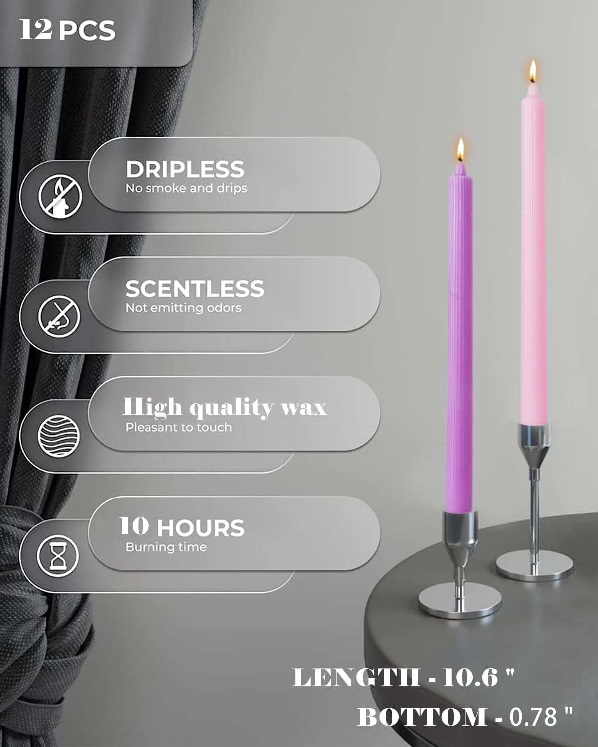 Ribbed Purple Taper Candles Set of 12 Unscented Dripless Smokeless Long Tall Tapered Candlesticks Wedding Advent Home Decor Dinner Christmas-Natural Color Series-10.6 Inch