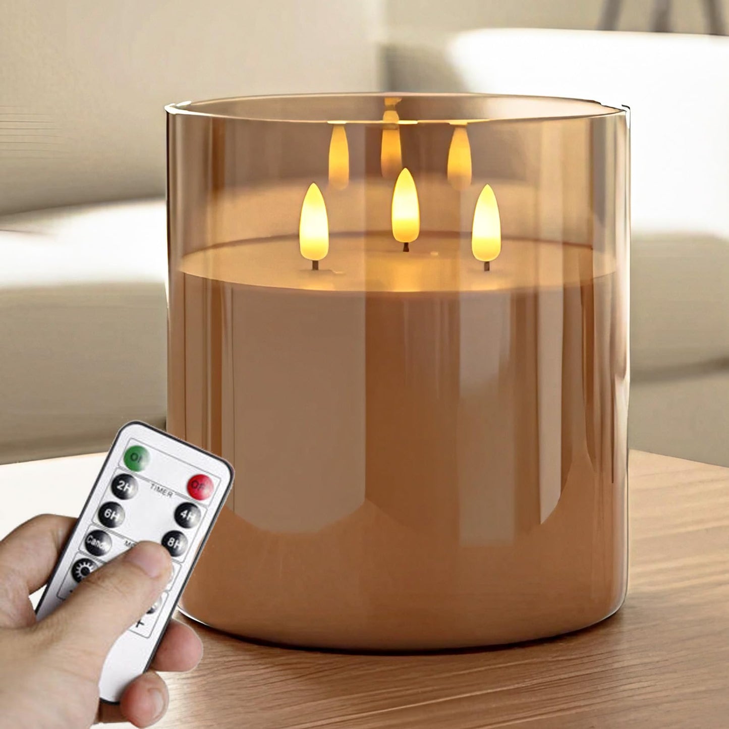NICEME Extra Large 3 Wick Battery Operated Candle, 6"x6" Big Clear Glass Flameless Candles with Remote, Real Wax Flickering Led Pillar Fake Giant Candle for Wedding Party Holiday Home Decor, Gold