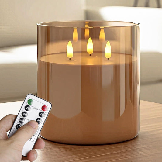 NICEME Extra Large 3 Wick Battery Operated Candle, 6"x6" Big Clear Glass Flameless Candles with Remote, Real Wax Flickering Led Pillar Fake Giant Candle for Wedding Party Holiday Home Decor, Gold