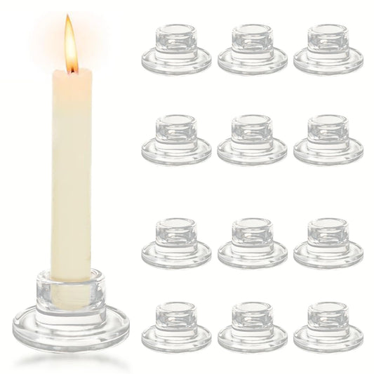 12Pcs Glass Tapered Candlestick Holders Bulk - Small Clear Short Candle Holders, Modern Design for Table Centerpiece, Wedding, Christmas, Advent, Dining & Party Home Decor
