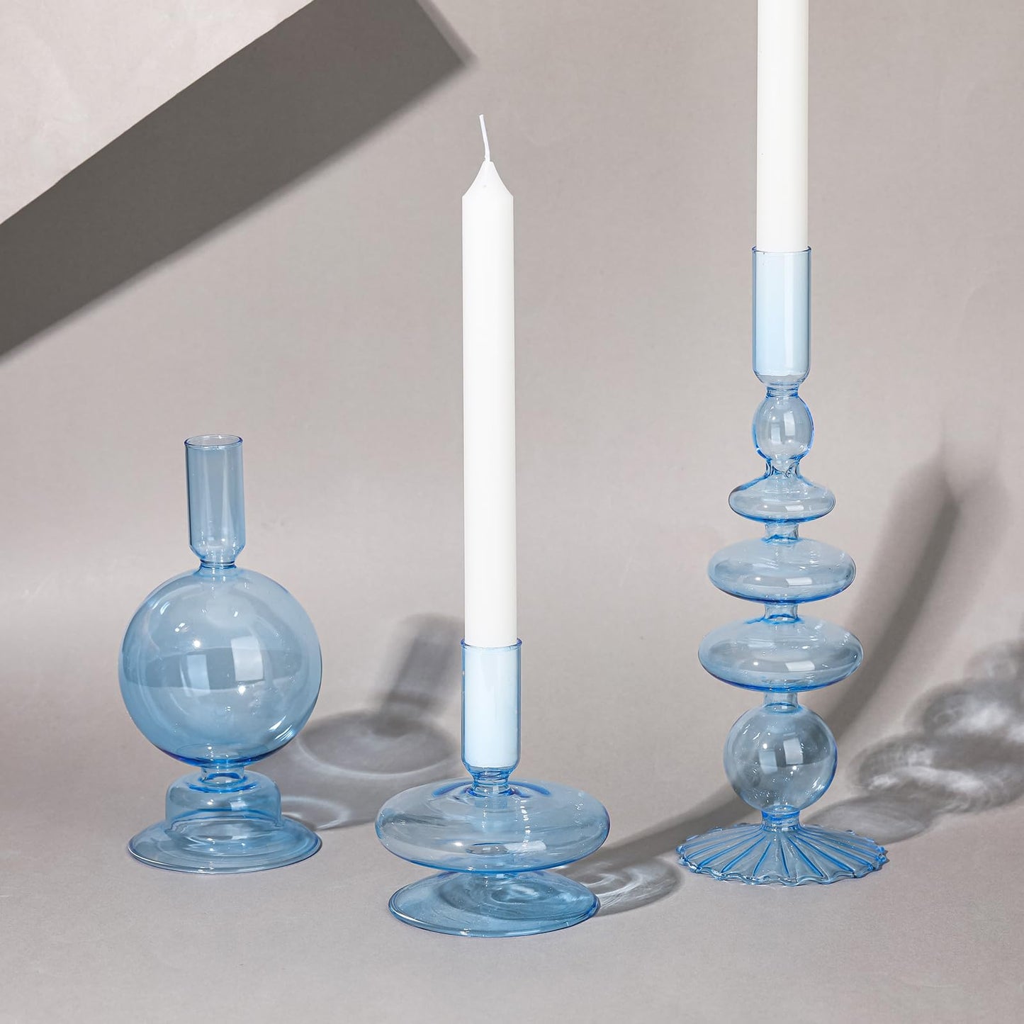 Rtteri 3 Pcs Glass Candlestick Holders Glass Candle Holders Groovy Wavy Elegant Taper Candle Stick for Wedding Home Birthday Party Easter St Patricks Day Decoration Windowsill Decor(Light Blue)