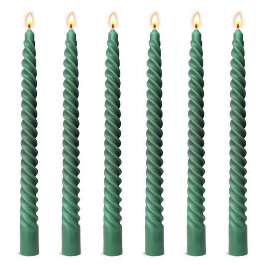 6 Pack 10 Inch Hunter-Green Spiral Taper Candles for Christmas and Spring Home Decoration, Unscented Dripless Twisted Candlesticks for Dinner St. Patrick's Day Earth Day and Garden Parties