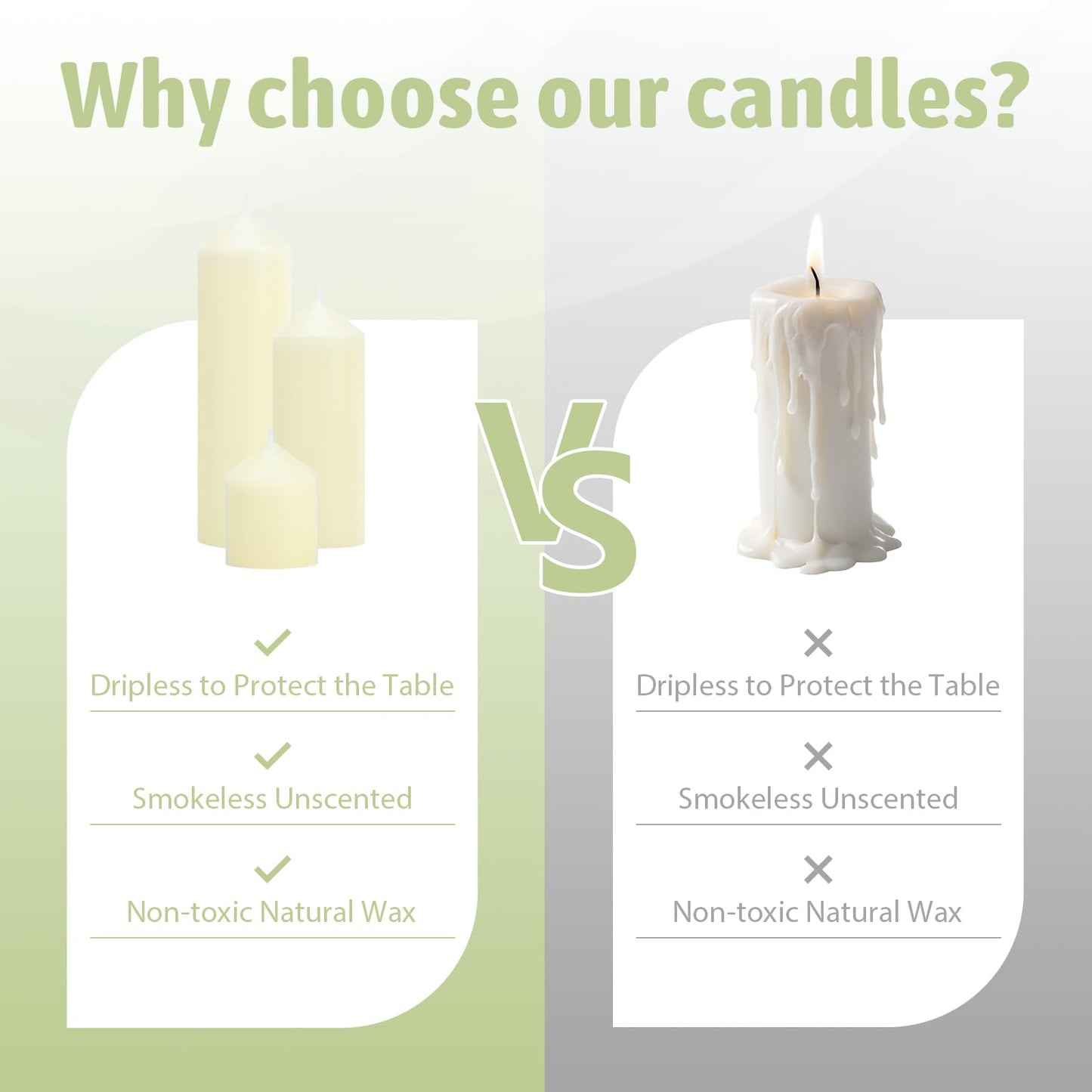 Veiuwa 6 Pcs Ivory Pillar Candles Bulk Set，2x3 2x6 2x8 Inch - 2 Each Size，Hurricane Candles，Dripless Unscented Smokeless，Gives You a Better Atmosphere When Organizing Wedding or Event Party.
