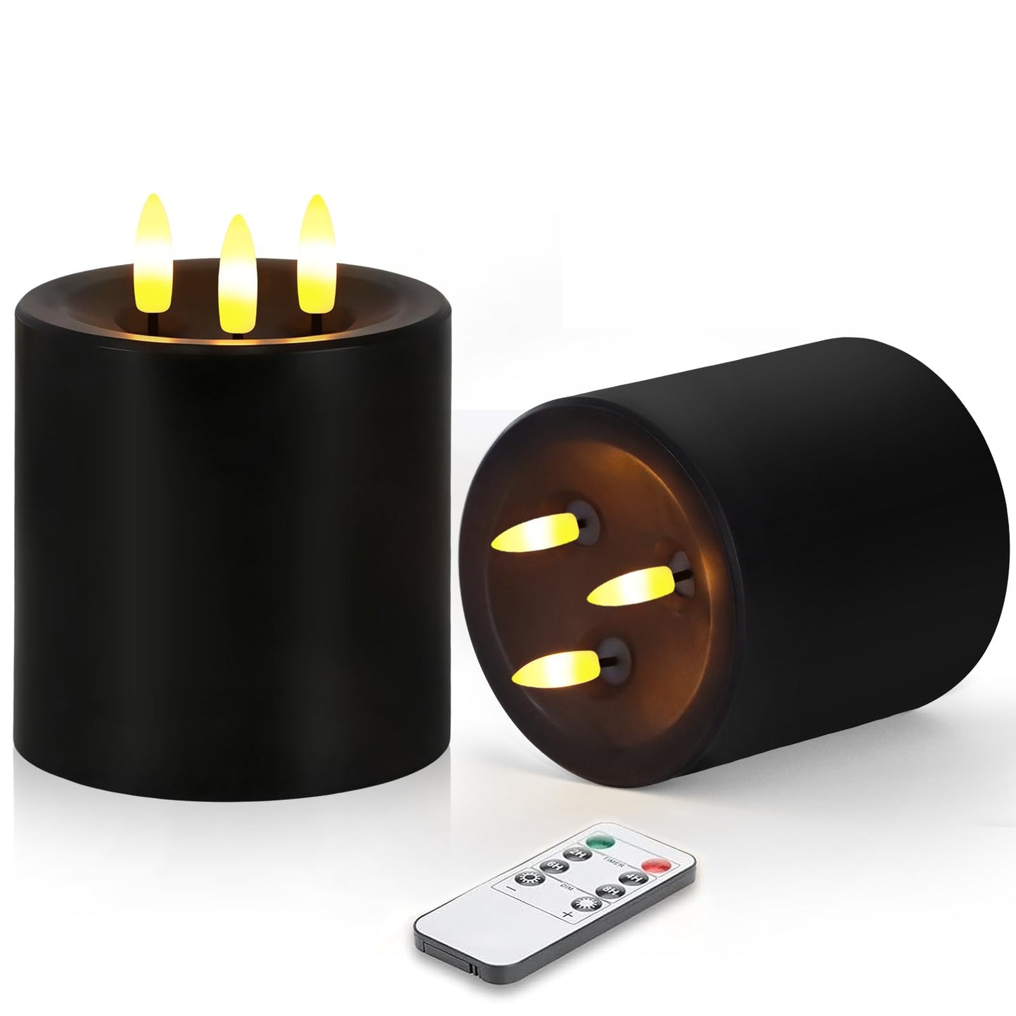 Large 3 Wick Flameless Candles Set of 2, 4"x4" Flickering LED Candles with Remote & Timer, Dimmable Real Wax Electric Pillar Candles Battery Operated, Black Candles Light for Home Halloween Decor