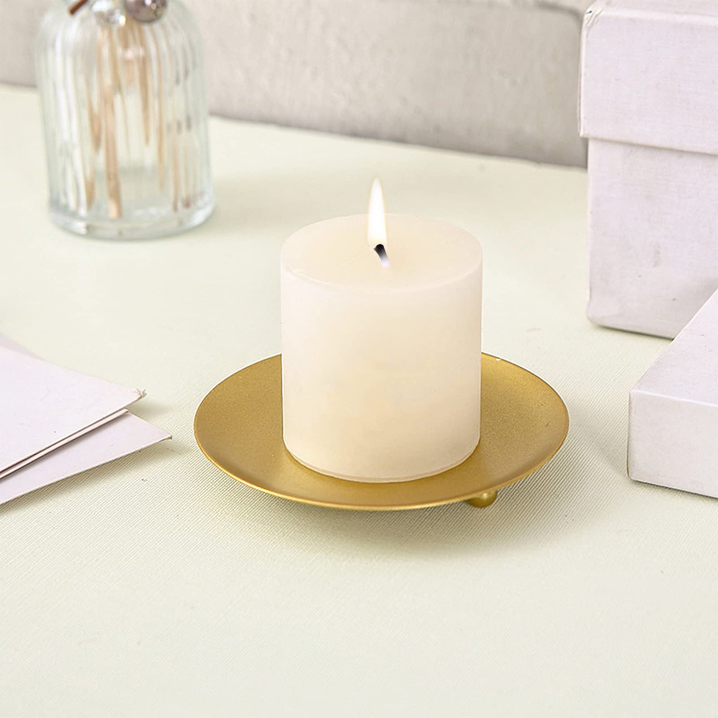 Candle Holder Decorative Iron Plate,Candle Stand for LED & Wax Candles,Spa,Bathroom,Weddings,4.33x0.78inch,Set of 3 (Gold)