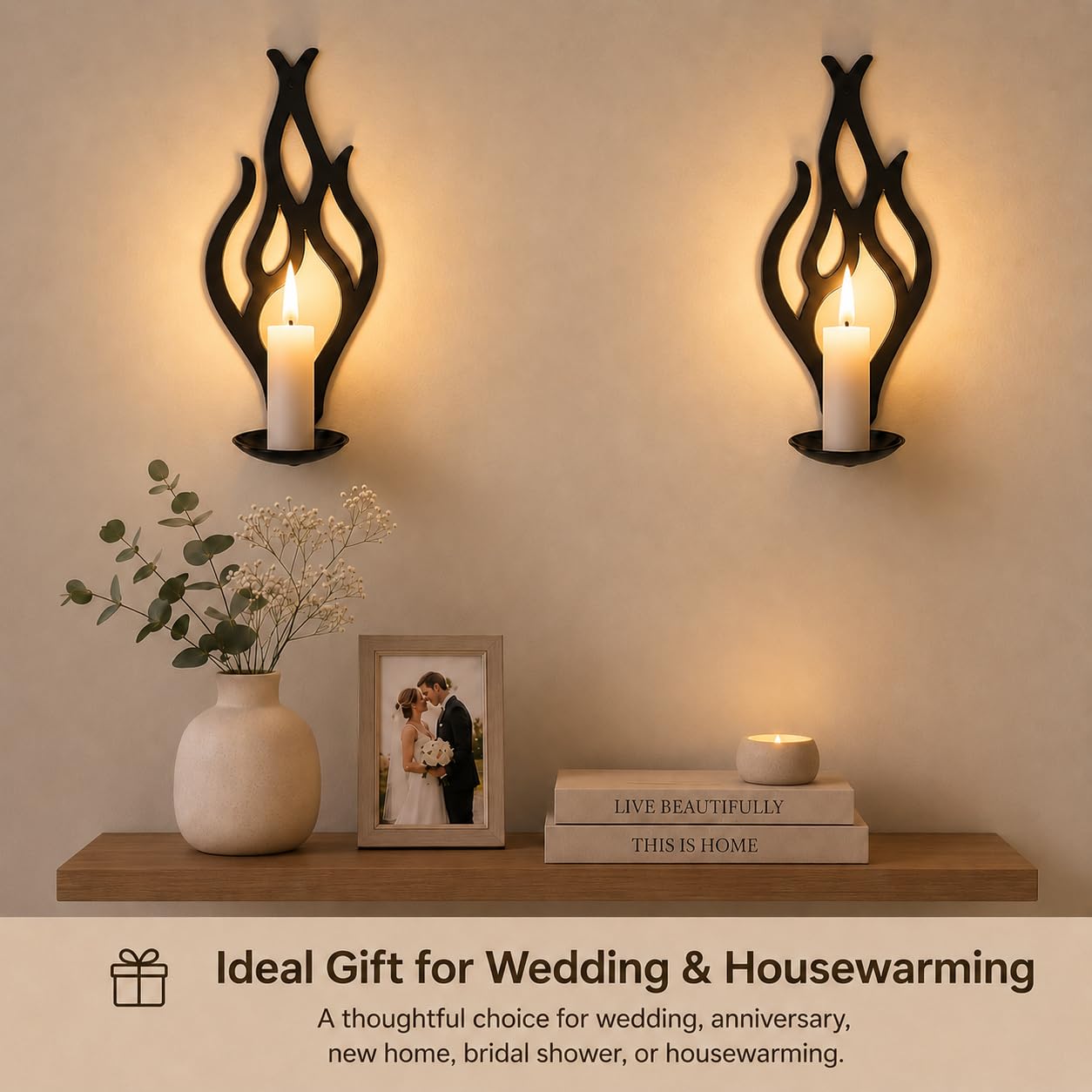 ZYIDBNG Wall Candle Sconces Set of 2, Modern Minimalist Metal Candle Holders for Pillar, Tealight, and LED Candles, Flame-Shaped Decorative Wall Decor for Living Room Dining Room (Black)