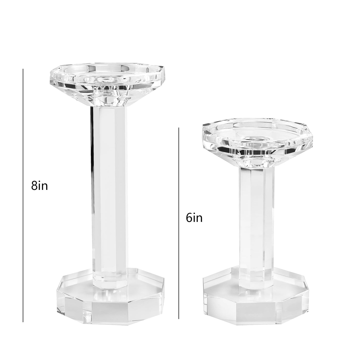 DONOUCLS Crystal Candlestick Holders Set of 2, Clear Crystal Taper or Pillar Candles Holders, Table Centerpieces for Party and Wedding Decoration(6''/8'' Tall)