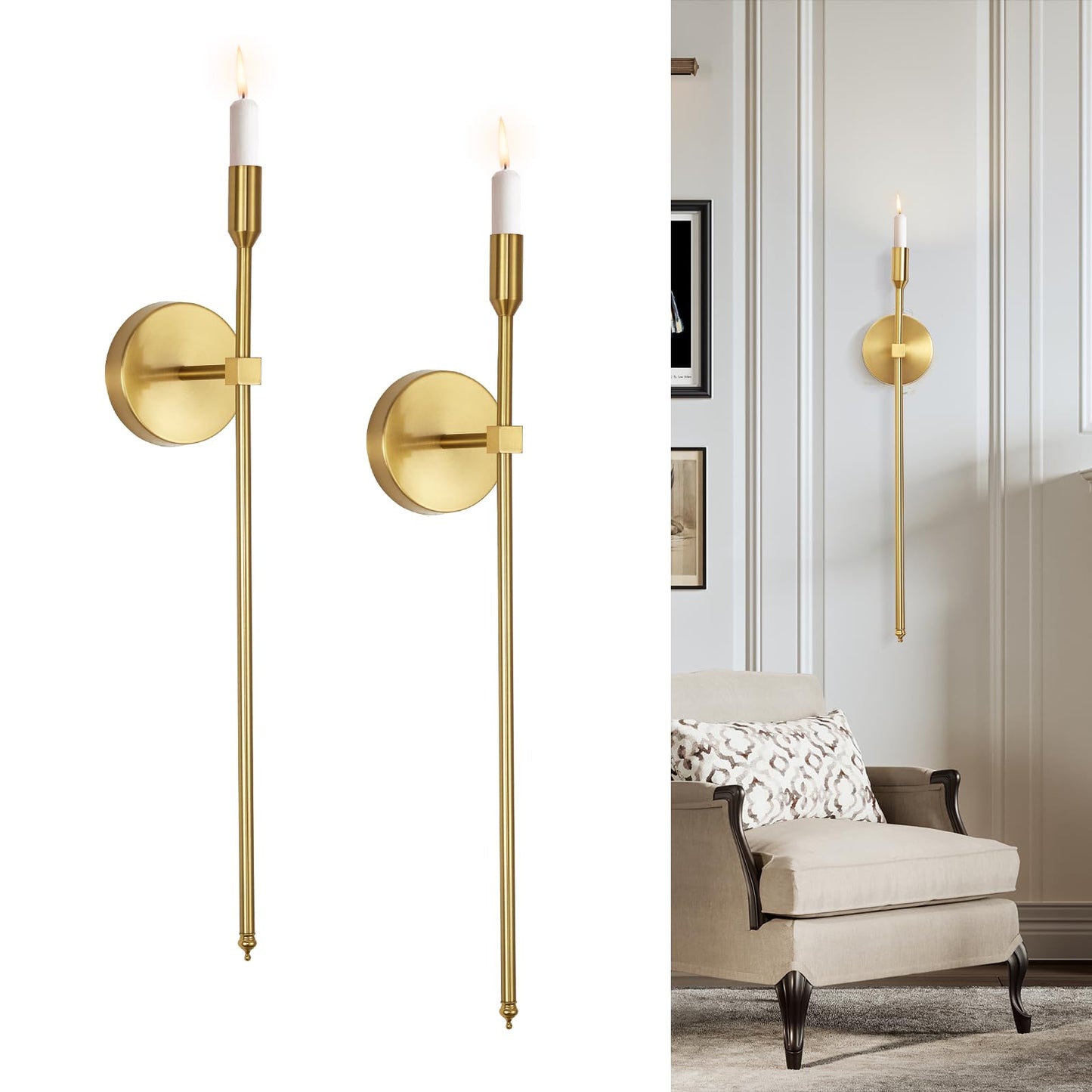 Gold Candle Sconces Long Wall Candle Holder, Set of 2 Large Wall Candle Sconce Modern Chic Home Decor for Bedroom, Dining Room, Living Room 23"