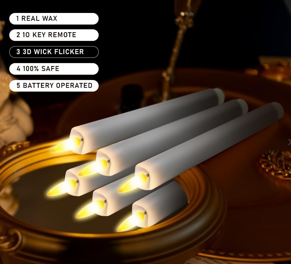 KSWING Upgraded Real Wax LED Flameless Grey Taper Candles with Remote, 6 PCS Candlesticks Battery Operated 3D Flickering - 9.6" Long Realistic Fake Candle Sticks for Home/Wedding/Fireplace Xmas Decor