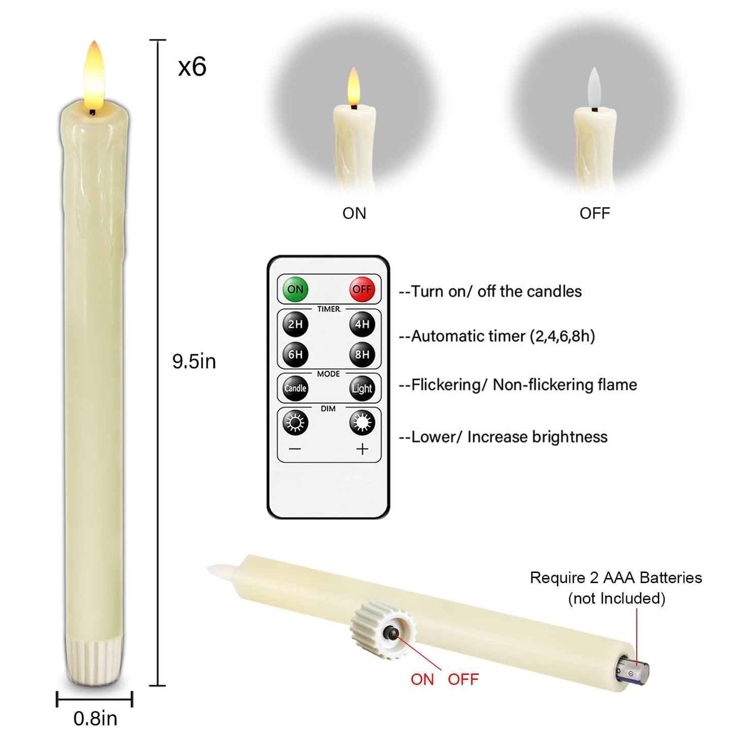 Lezonic Flameless Taper Candles with Remote Timer, Real Wax Battery Operated Flickering LED Fake Candles for Dining Table Centerpiece Wedding Christmas Mantel Decor, 0.8 x 9.5 inch