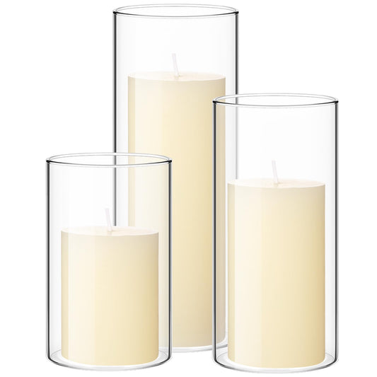 Shihanee Set of 3 Pillar Candles and 3 Glass Cylinder Candle Vases Holders Clear Pillar Jars for Wedding Centerpieces(3'' x 5.9'', 7.9'', 9.8'',Ivory White)
