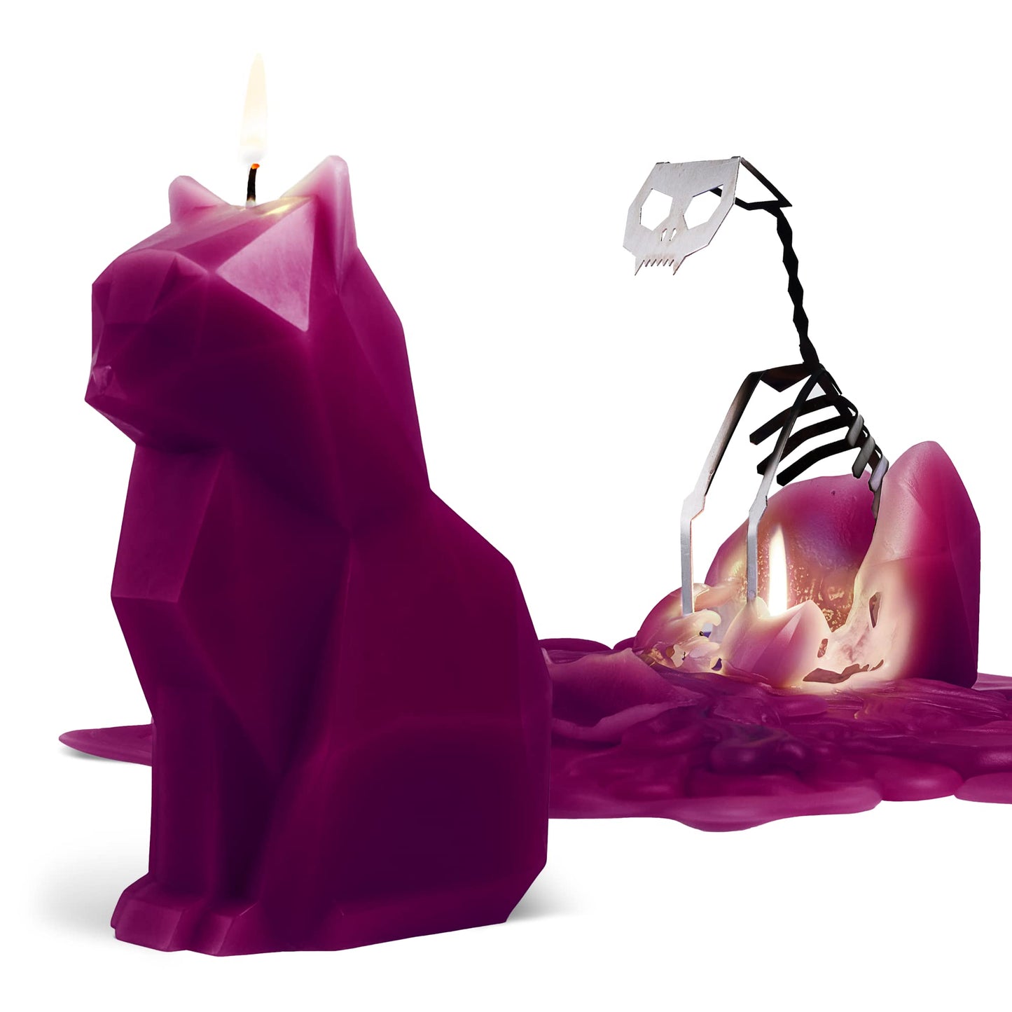 PyroPet Kisa Cat Candle Duo (Mustard Yellow & Burgundy) - Metallic Skeleton Design | Ideal Halloween Decor & Gift for Cat Enthusiasts | 20-Hr Burn Time Each