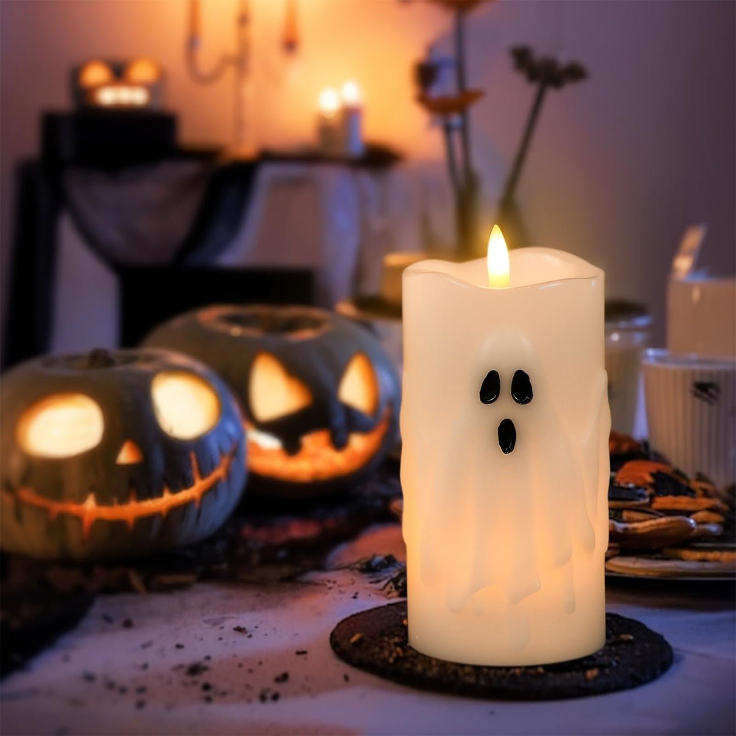 Eldnacele Spooky Ghost Halloween Flameless Candles Battery Operated with Remote & Timer Set of 2 LED Flickering Pillar Candles White Real Wax 3D Wick Long Lasting Home Indoor Decor (3" D x 6.5" H)