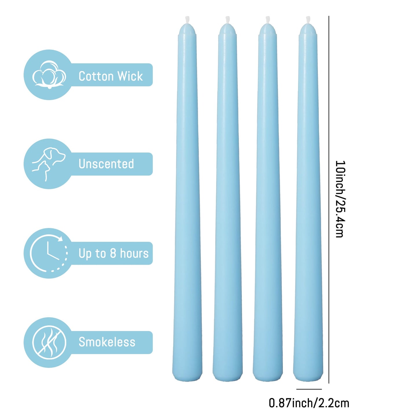 Viyffo Taper Candles, 10 Inch, 12 Pack, Sky Blue – Unscented, Dripless & Smokeless Design, Up to 8 Hour Burn – Long Tall Taper Candlesticks for Wedding, Dinner & Home Decor