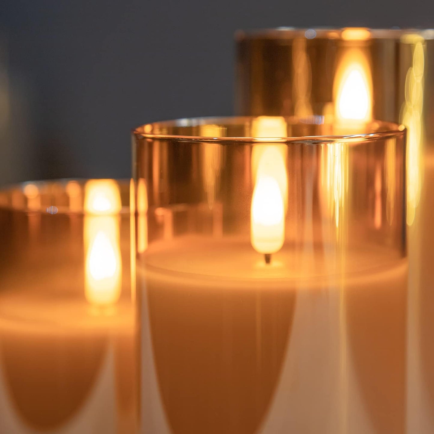 ANGELLOONG Gold Candles for Bathroom Decor, Glass Flameless Candles with Remote, Battery Operated LED Pillar Fake Candles with Timer for Christmas Home Fireplace Mantle Fall Decor