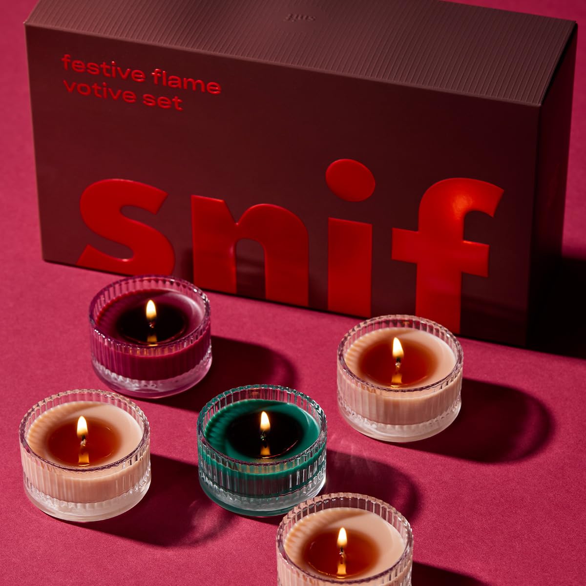 Snif Festive Flame Votive Candle Set, 5 Premium Holiday Scented Candles, 100% Cotton Fiber Wicks, Soy Wax Blend, Non-Toxic, Vegan