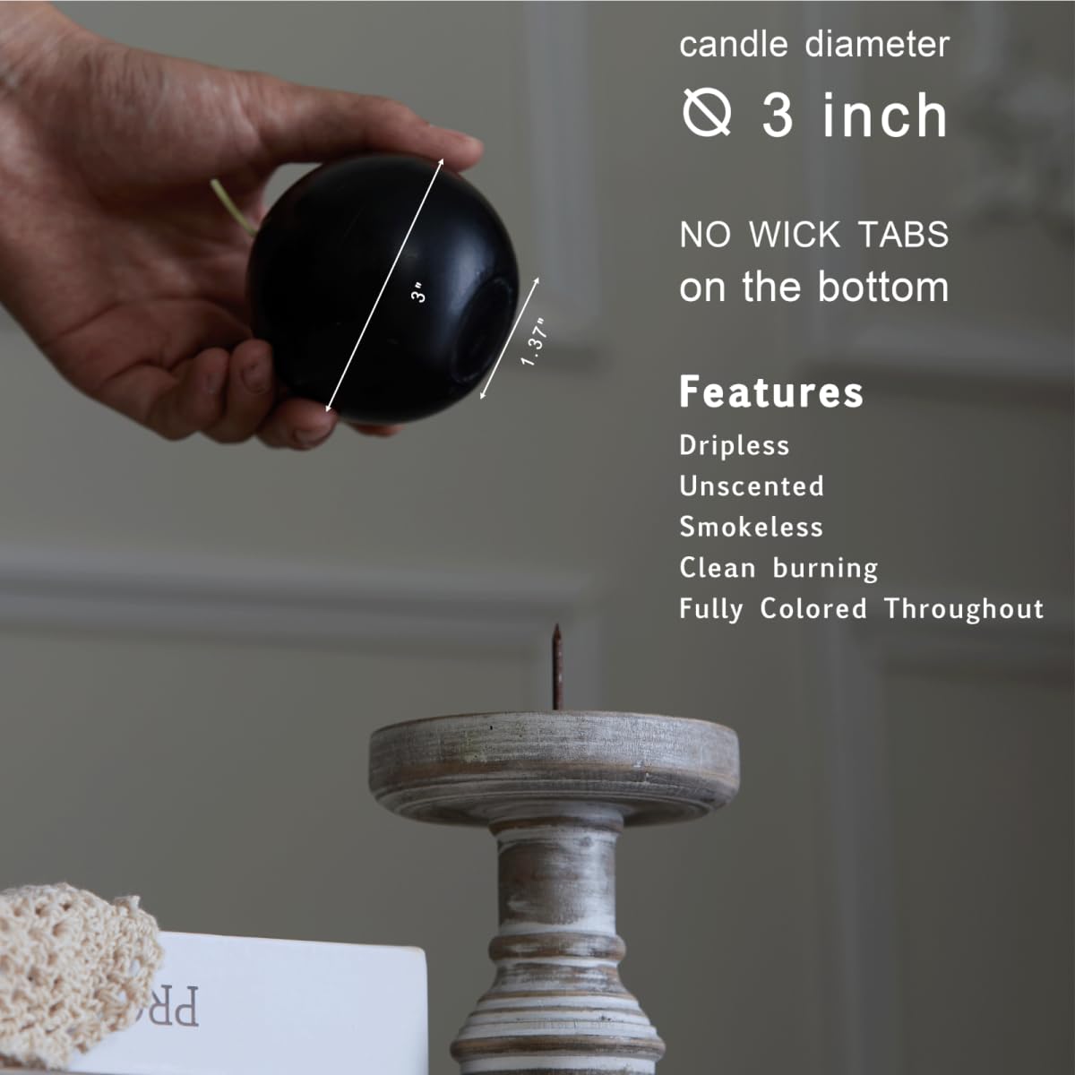 MOZEAL Hand-Poured, 3 Inch Black Round Ball Candles - Elegant Black Round Pillar Candles Set of 3, Dripless, Unscented, Smokeless, Ideal for Halloween Decor.