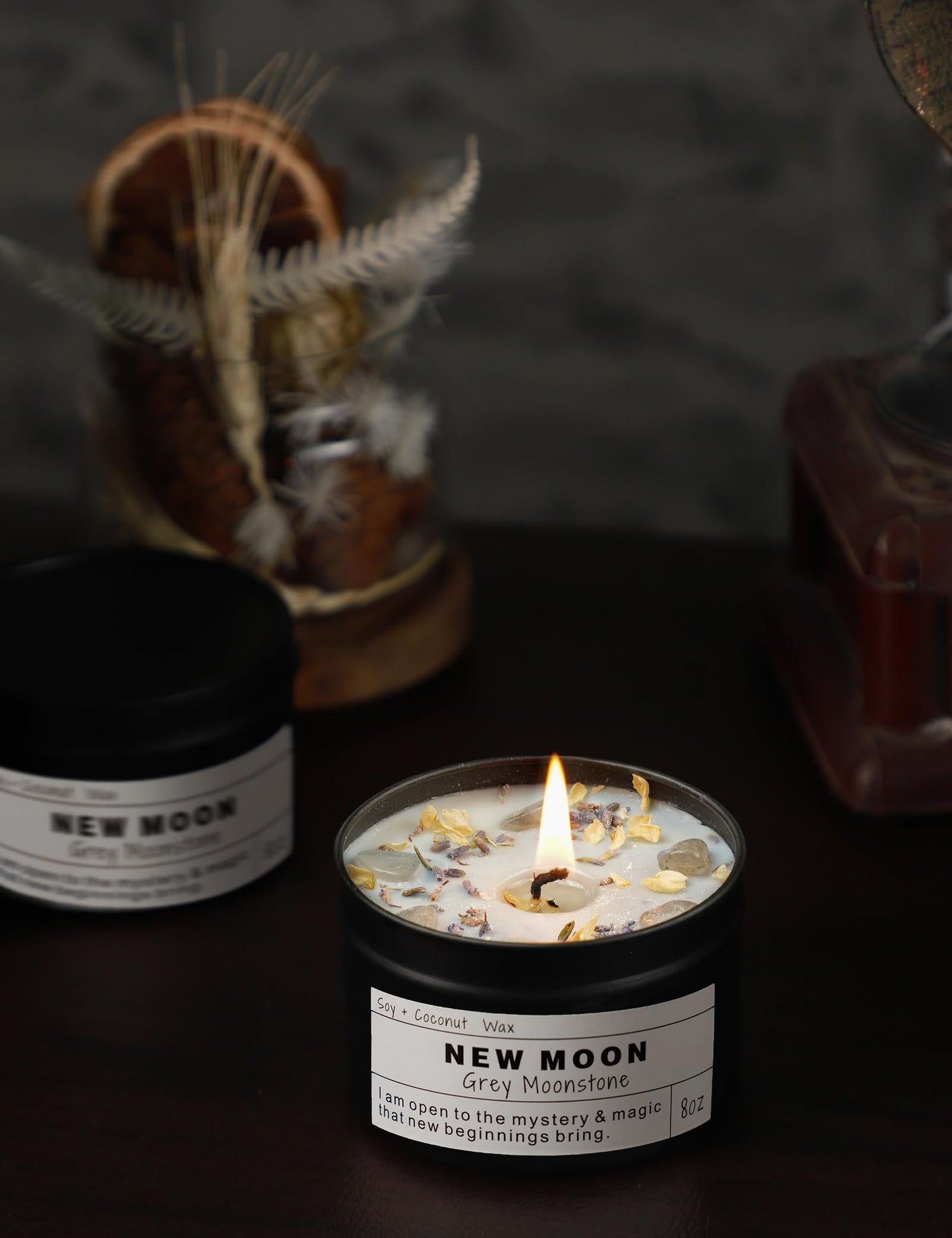 NEW Moon Handmade Candle, New Beginnings, Ritual Energy Gift, Intention De-Stress Good Fortune, Success Protection, Meditation, Moonstone, Soy Wax (8oz)