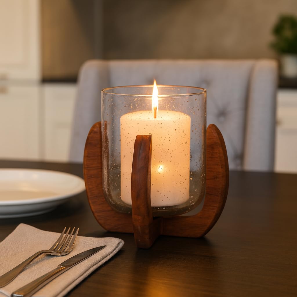 Glass And Wood Candle Holder – Votive Candle Holder Decor For Tabletop And Mantle, Living Room And Bedroom Placement, Indoor Lantern Style Accent with Warm Modern Home Decor Appeal – 7", Brown & Clear