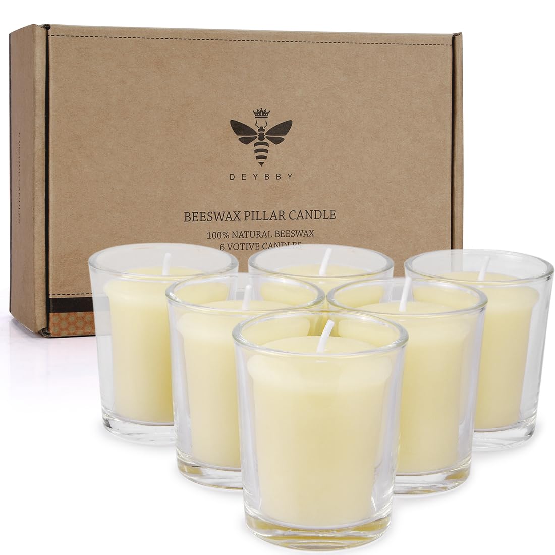 DEYBBY Ivory White Beeswax Votive Candles-6 Pack Natural Votives Set in Glass Jar for Home Room Decor Party Wedding Spa Gift,12 Hours Burn