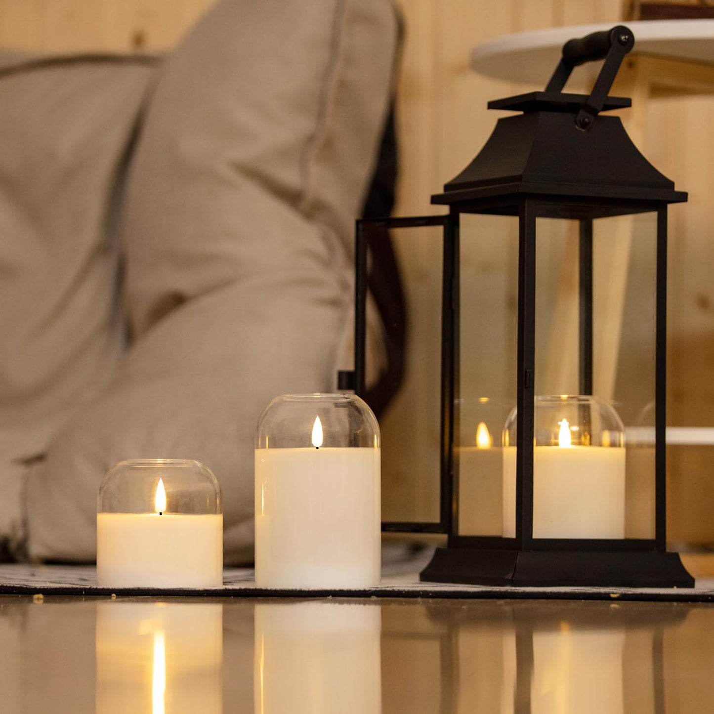 volnyus Clear Glass Flameless Candles with Remote Battery Operated Flickering LED Pillar Candles Real Wax Wick Φ 3"" H 4"" 5"" 6"", Gold