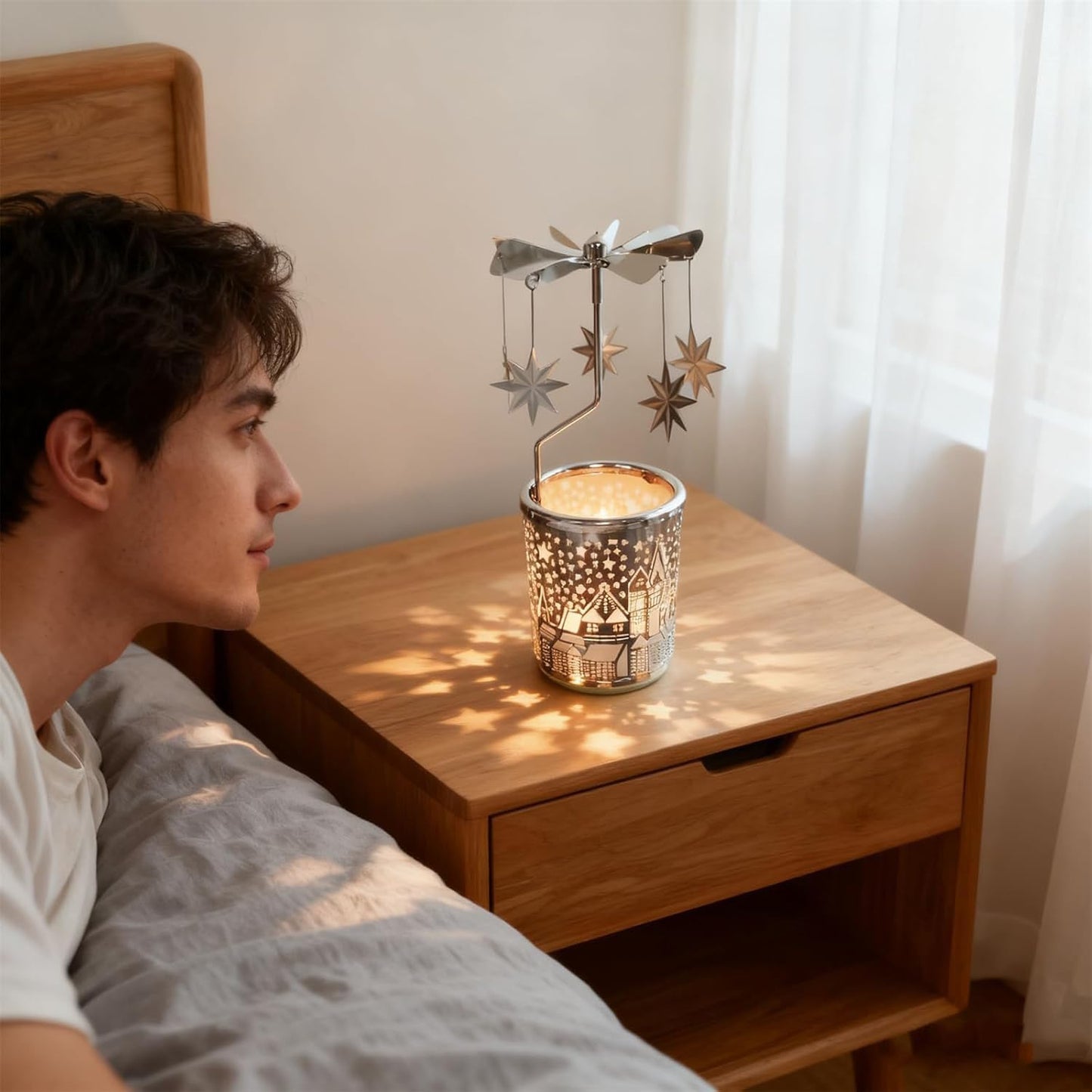 adkinzim Rotary Candle Holders Spinning Tealight Holders Carousel for Tabel Decoration for Children Friend (SIilver Stars)