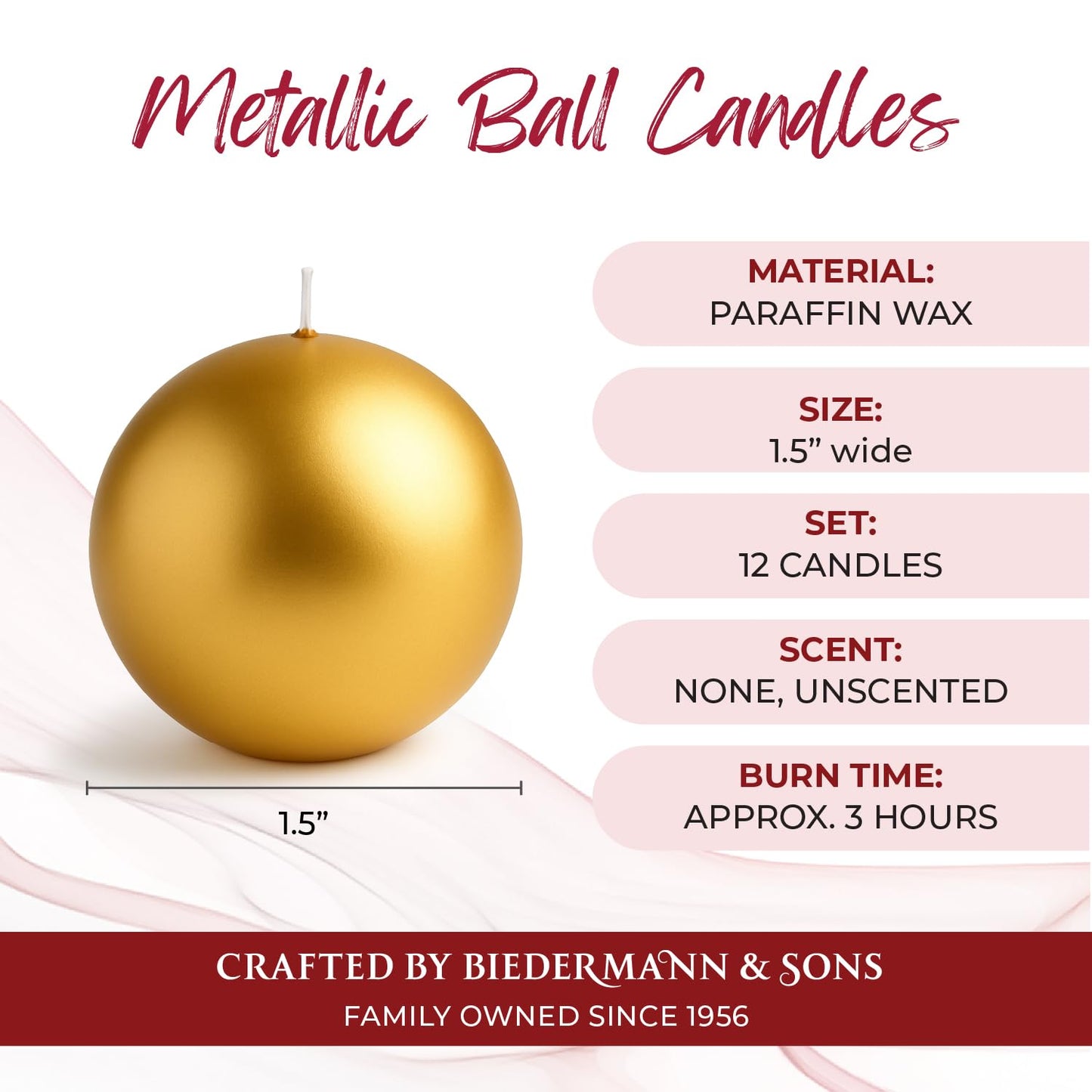 Biedermann & Sons Gold Ball Candles (Set of 12), Unscented Metallic Spheres, 1.5 Inch Small Rounds, Approx 2 Hour Burn, for Table Decor and Display Styling
