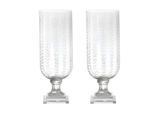 Vertical Leaf Design Glass Hurricane Lamp Lantern, Set of 2 Candle Holder Vase