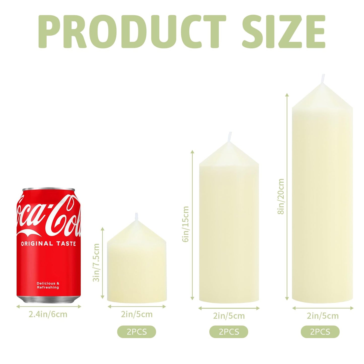 Veiuwa 6 Pcs Ivory Pillar Candles Bulk Set，2x3 2x6 2x8 Inch - 2 Each Size，Hurricane Candles，Dripless Unscented Smokeless，Gives You a Better Atmosphere When Organizing Wedding or Event Party.