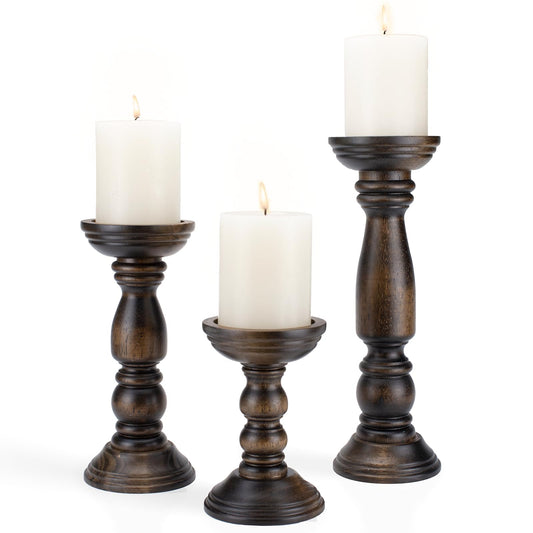 BANOMII Farmhouse Wooden Candle Holders for Pillar Candles Set of 3, Rustic Wood Candle Holder Table Centerpiece Decor, 12'' 9'' 6'' Vintage Tall Candle Stand Decorative, Dark Brown