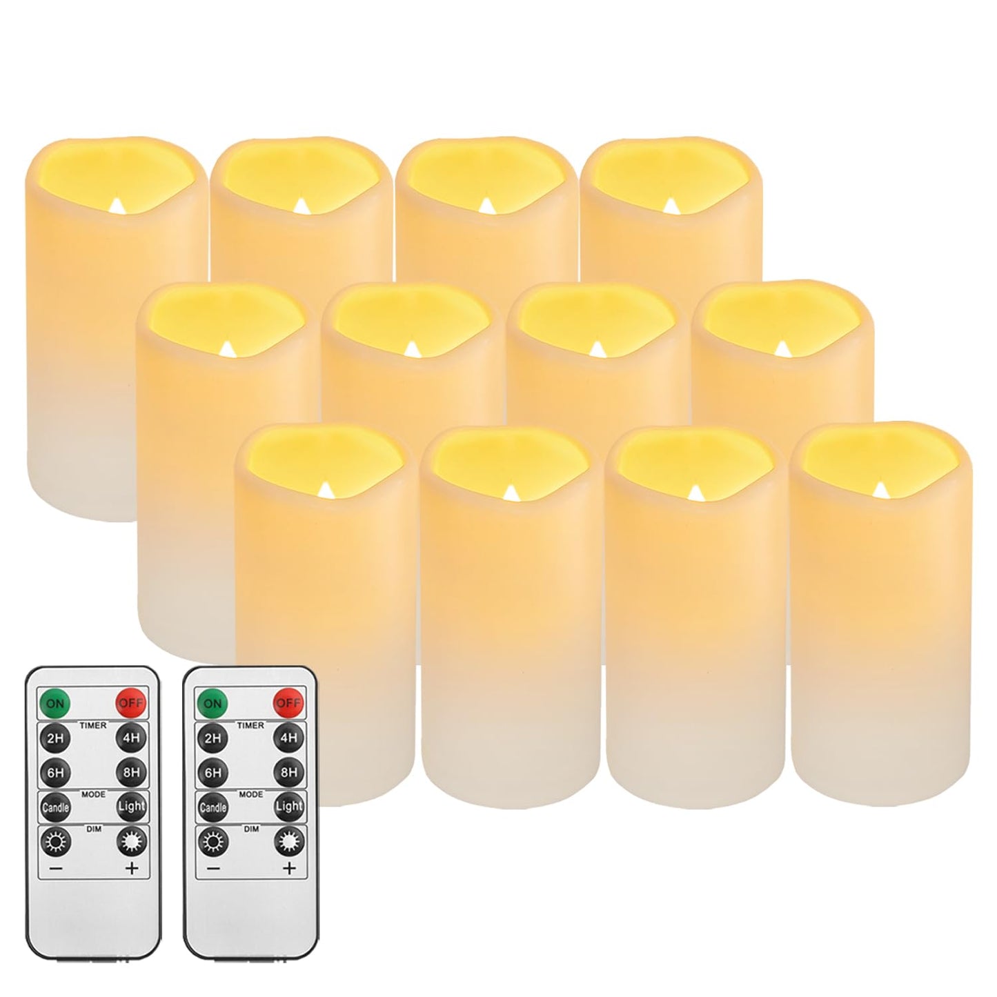 Biyanuo 12PACK Outdoor Plastic flameless Candles with Remote Control and Timer, LED Flickering Battery Operated Electric Pillar Candles (D3 xH5.5) for Camping, Weddings, Home Decoration