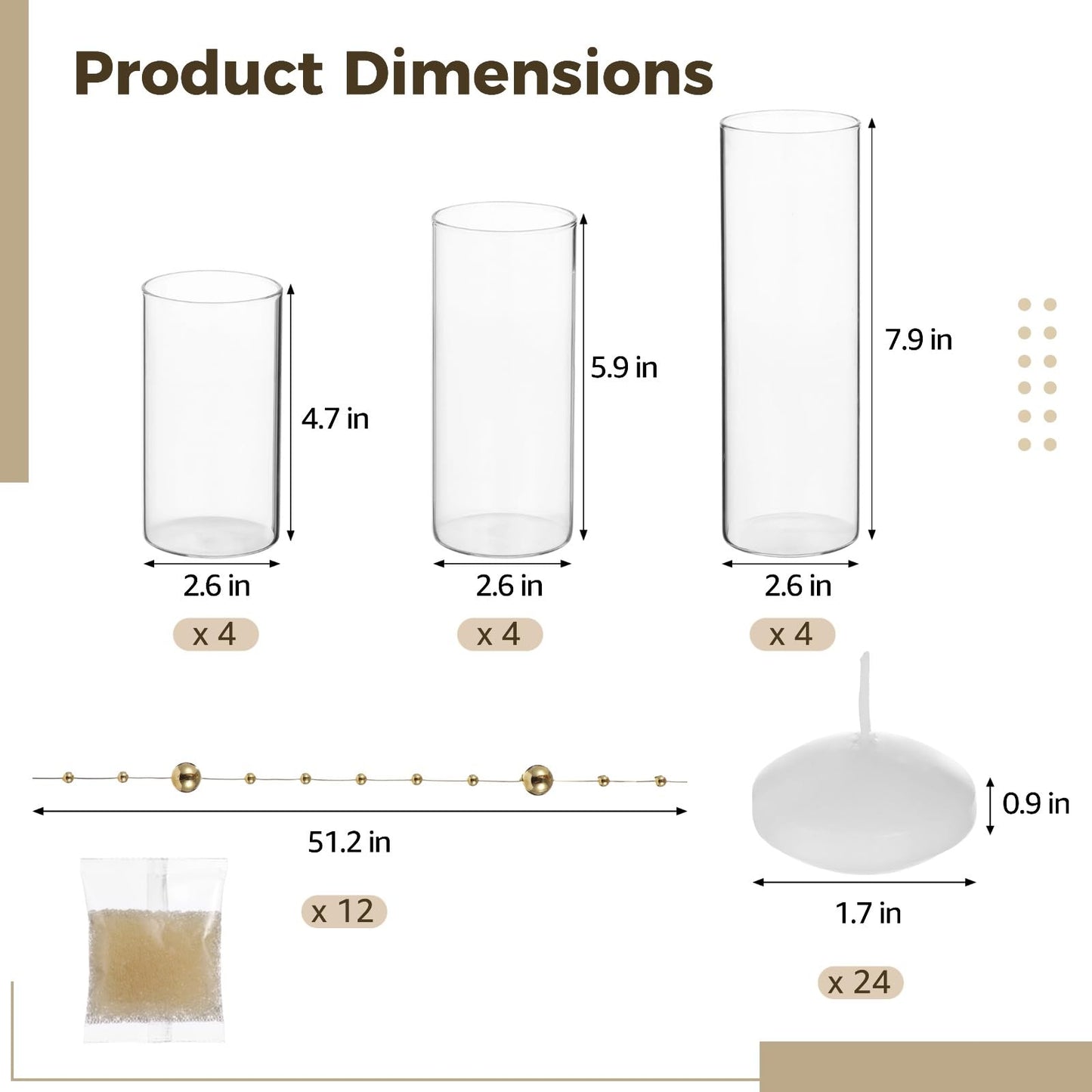 OMISTAR 12 Set Floating Candle Vases for Centerpieces - Including 3 Sizes Cylinder Vases, Floating Candles, Golden Beaded Lines, and Absorbent Beads for Wedding, Party, Home Decoration