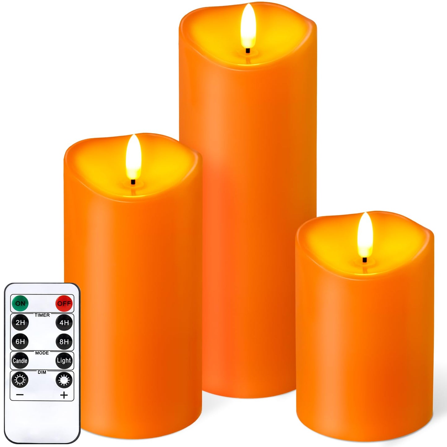 NURADA Outdoor Flameless Candles with Remote Timer - Waterproof Realistic Flickering LED Pillar Electric Battery Operated Fake Candle for Halloween Home Fireplace Decor - 3 Pack Orange (D3”H4”6”8”)