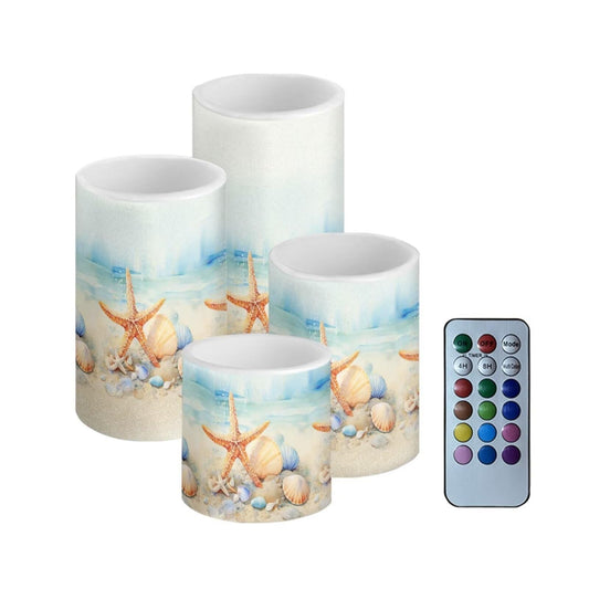 Merkmak 4 Pack 5.7" x 3" Battery Operated Candles with Timer Flameless LED Candles with Remote for Outdoor Porch Electric Fake Plastic Pillar Lights Bulk, Coastal Starfish
