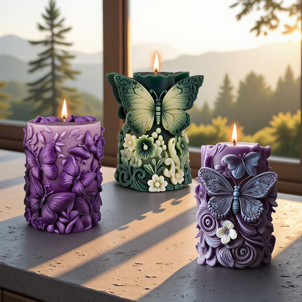 Butterfly Cylinder Candle Molds for Candle Making,3Pcs Pillar Casting Silicone Molds for Resin Casting, Soap, Home Room Decor Craft Supplies