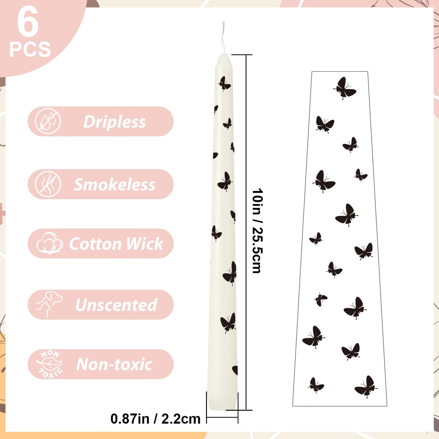 6 Pack Printed Taper Candles for Home Decoration, 10 Inch Ivory Candlesticks with Butterfly Pattern, Unscented Tapered Candles, Dripless and Smokeless Decorative Candles for Elegant Dining