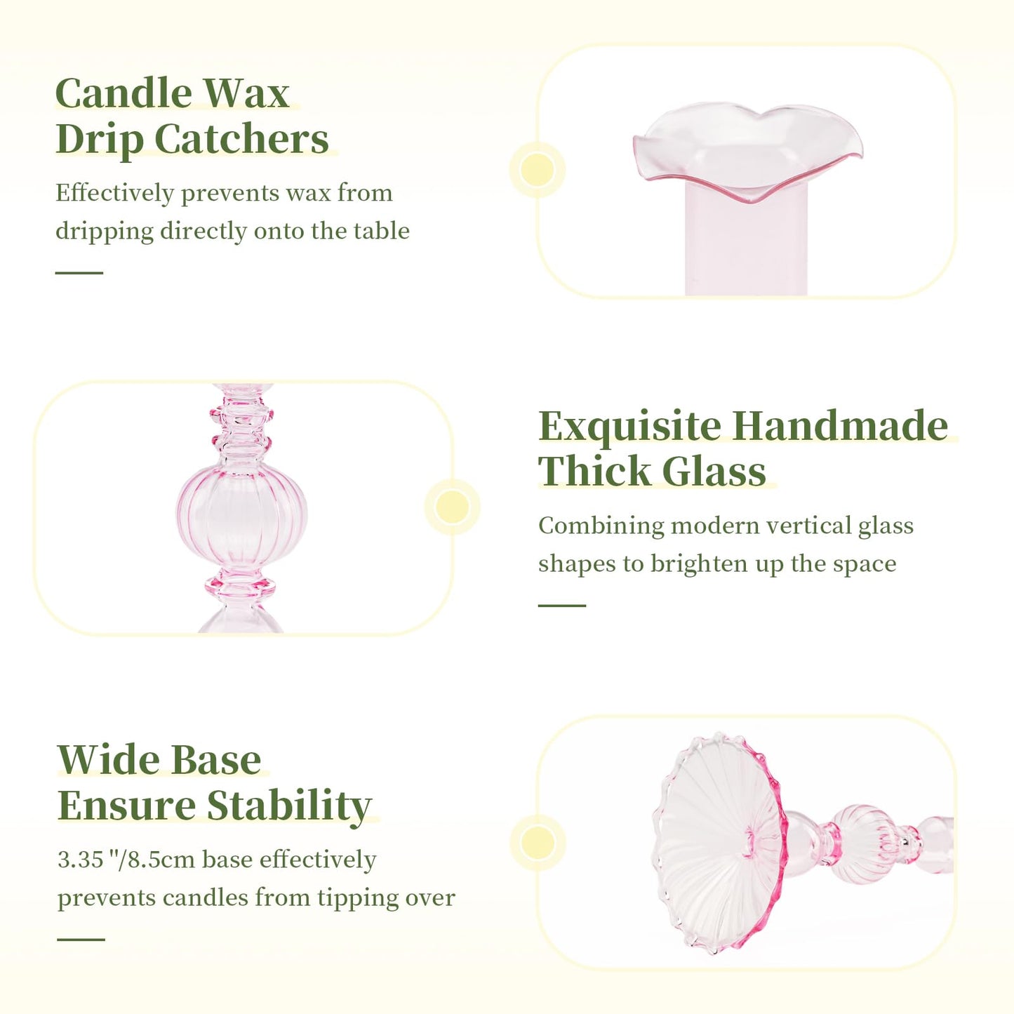 Glasseam Tapered Candlestick Holders Pink: Set of 3 Glass Candle Sticks Holder Decor with Bobeche Modern Ribbed Taper Candle Holders for Table Centerpiece Valentines Wedding Home Decorations