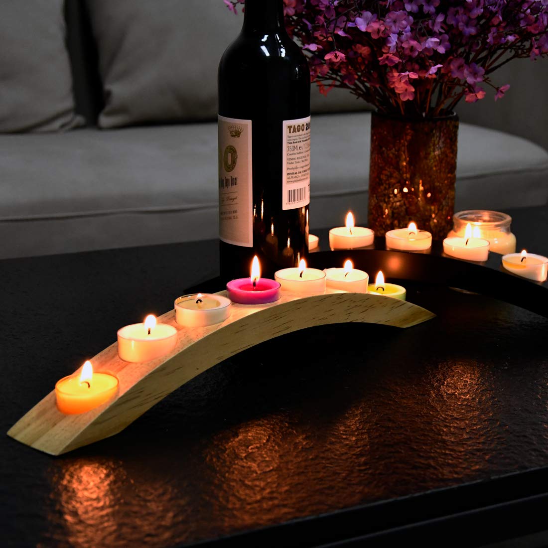 Wooden Tea Light Candle Holder Bar, Bridge Candle Holder Tray - 7 Holes - Natural Wood Color