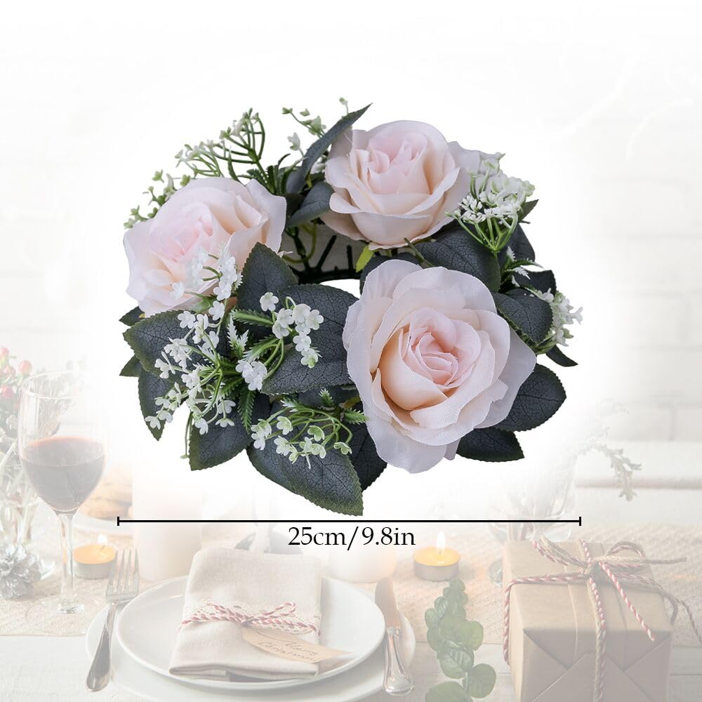 2 Pack Artificial Rose Candle Rings, Christmas Floral Wreaths with Eucalyptus Leaves Greenery Garland for Pillar Candle Lantern Wedding Centerpiece Party Home Fall Table Decor (Pink)