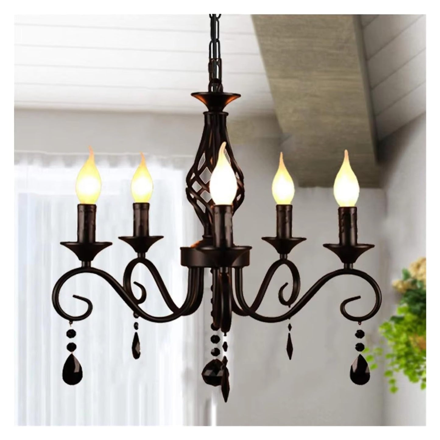 LED Metal Chandeliers 5 Lights Black Crystal Candle Chandelier Industrial Vintage Lighting Fixture Hanging Lamp,Comfortable Lighting