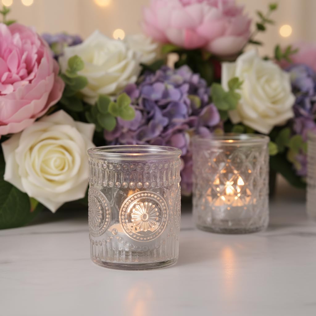 LETINE 16 Pcs Clear Glass Votive Candle Holders, Set of 4 Assorted Embossed Patterns, Tealight Candle Holders Bulk for Spring Summer Wedding Table Centerpieces, Valentine's Day & Party Decorations