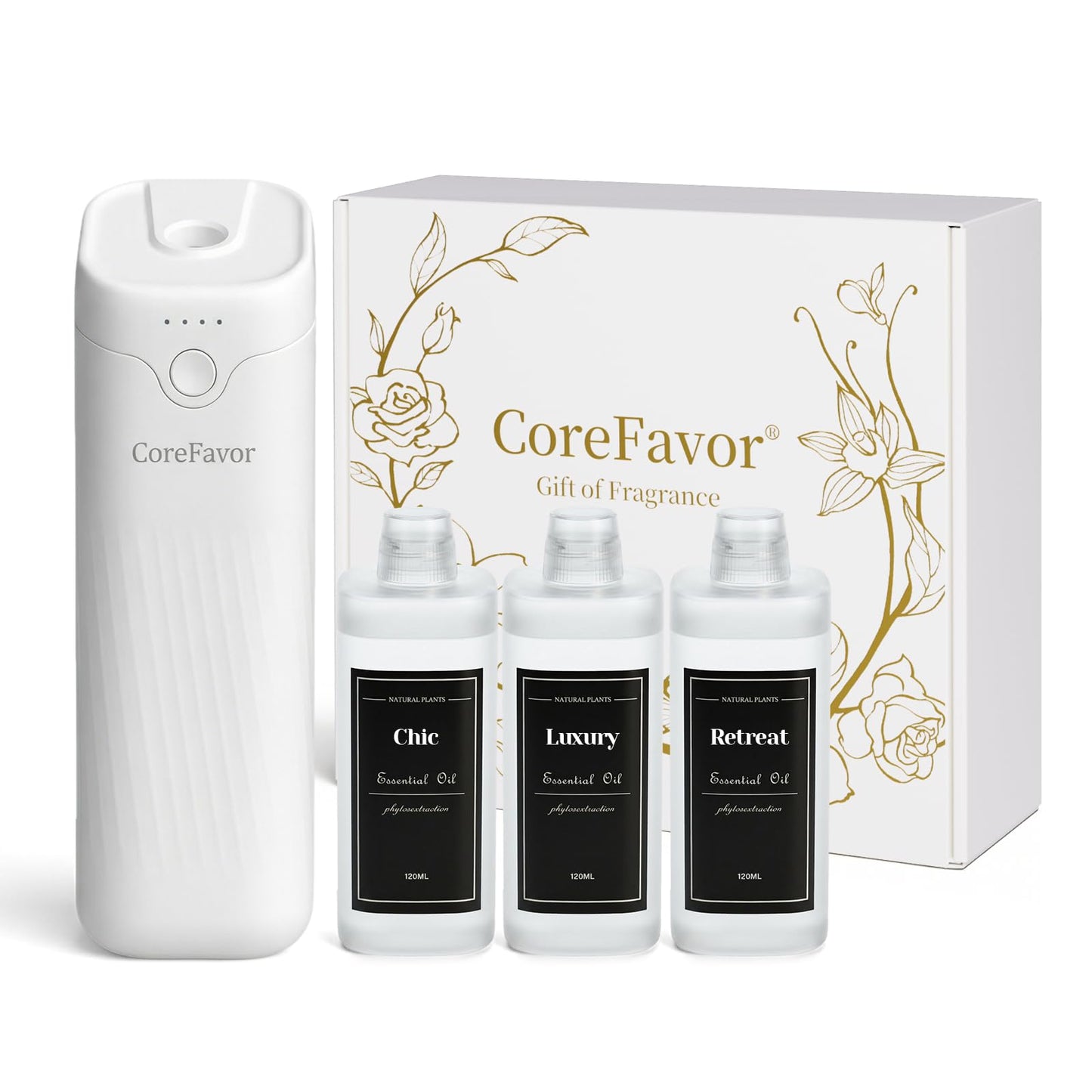 CoreFavor Waterless Essential Oil Diffuser (M60) with 3x120ml Oil, Portable Battery-Operated Cold Air Aroma Scent Machine, 4 Adjustable Intensity Levels, Quiet Diffuser for Bedroom Office Bathroom Car